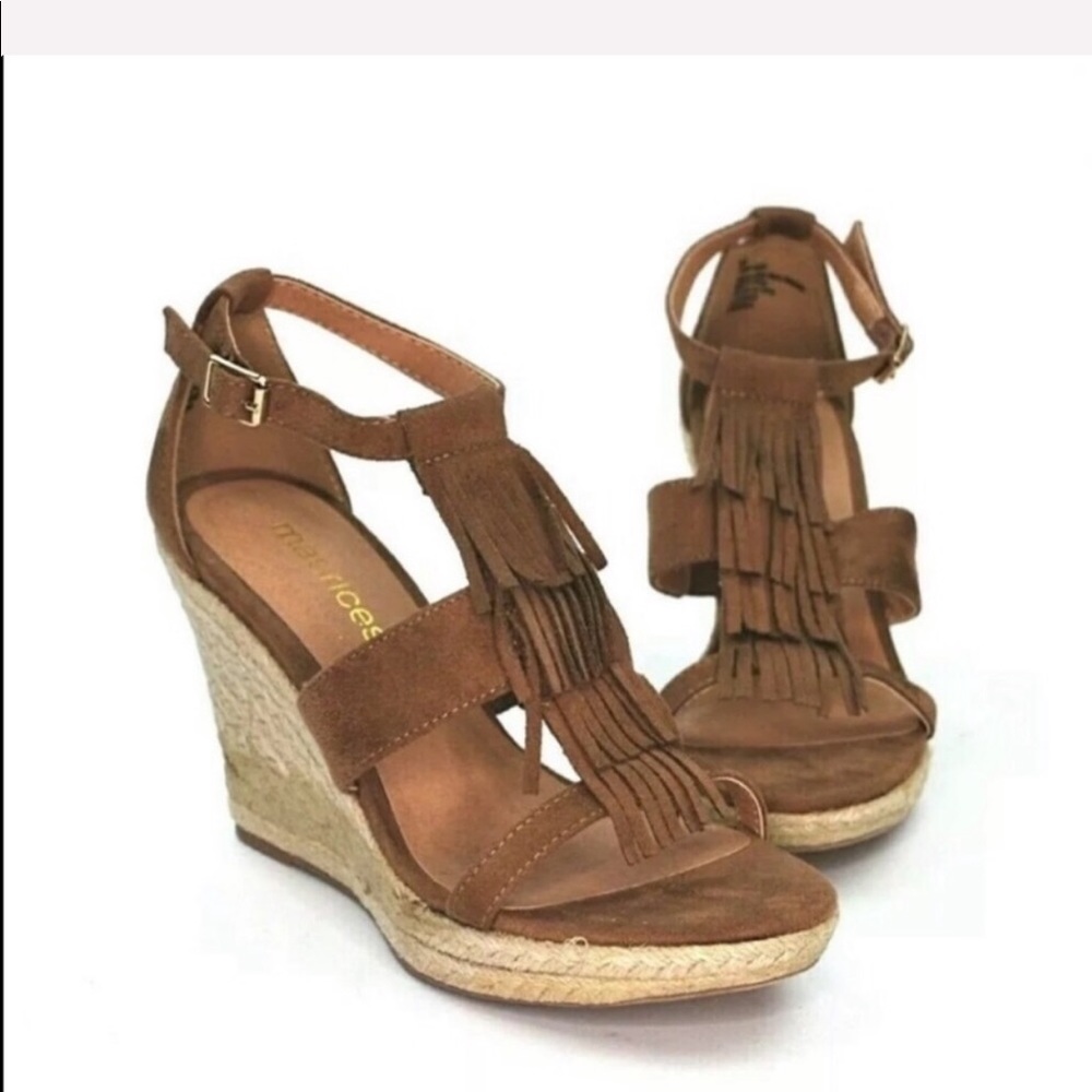 Maurice Tan Faux Suede Fringe Wedges Platform Sandals 10